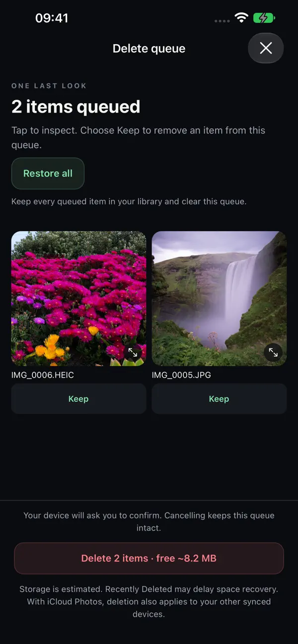 Phone Swipe Media delete queue with two queued photos, a Restore all button, and an estimate of the storage that deleting them would free.