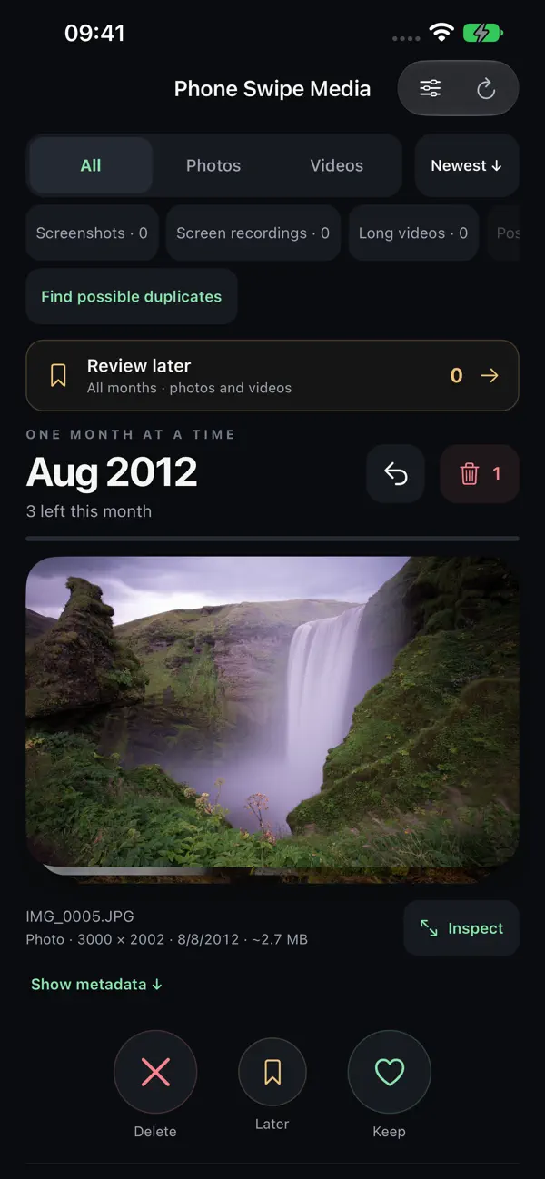 Phone Swipe Media reviewing August 2012 photos with Delete, Later, and Keep buttons and filters for screenshots, screen recordings, and long videos.