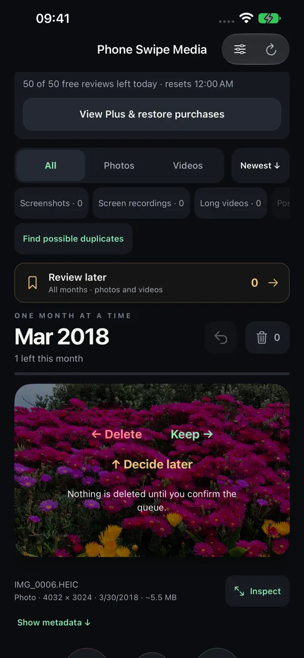 Phone Swipe Media on iPhone showing swipe hints over a photo: left to delete, right to keep, up to decide later.